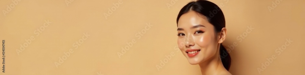 Obraz premium Elegant Asian woman with luxurious makeup, beige background, sophistication, asian female