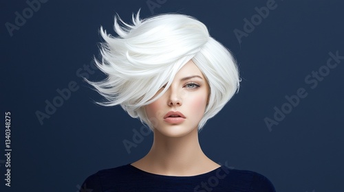 Dramatic high fashion portrait of a confident and empowered woman with an avant garde textured white wig against a minimalist monochrome background