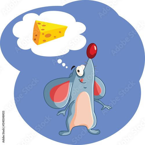 Funny Mouse Craving for Cheese Vector Cartoon Character. Hungry rodent dreaming of a piece of diary food product 