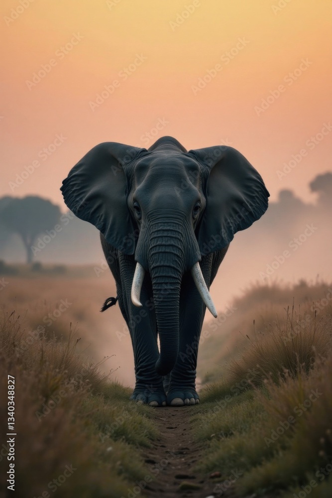 Obraz premium Elephant walks through dense mist on savannah at dawn, safari landscape, morning fog, nature photography