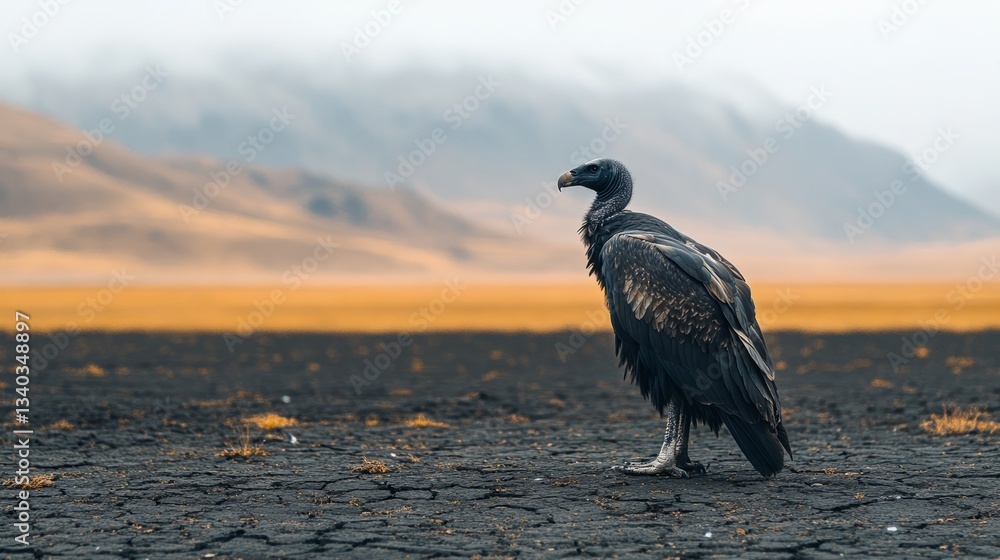 Fototapeta premium A vulture perched on cracked ground, waiting in a desolate environment