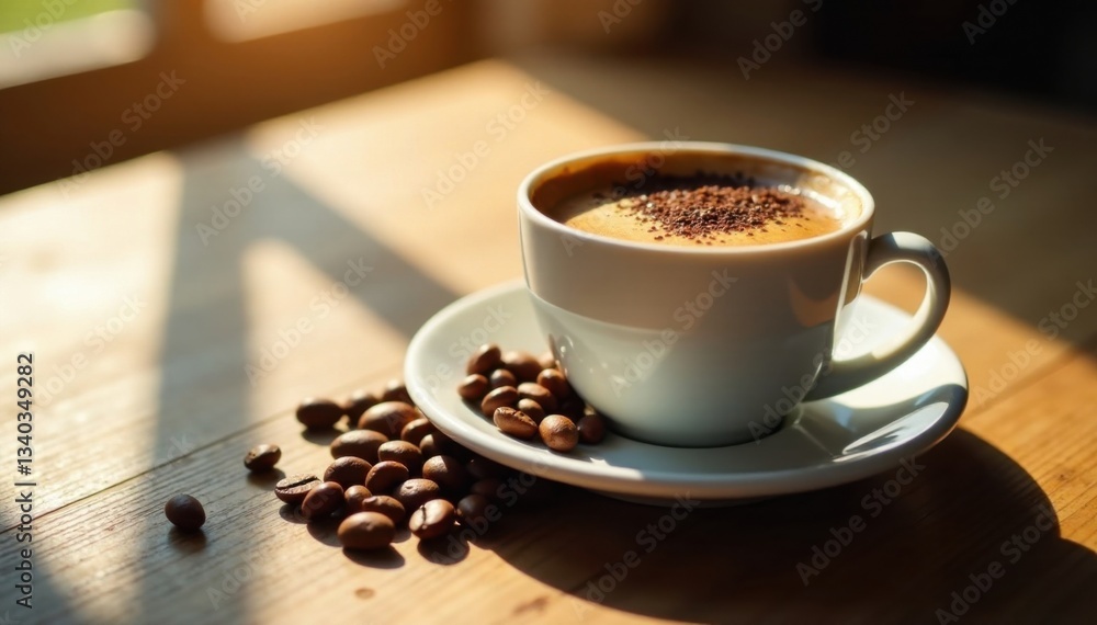 Fototapeta premium Espresso coffee cup with beans on wooden table, morning light filtering through, coffee, espresso