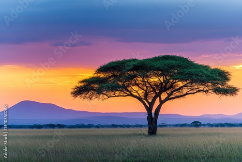 A beautiful tree in the Serengeti, with an acacia on top of it and mountains ...