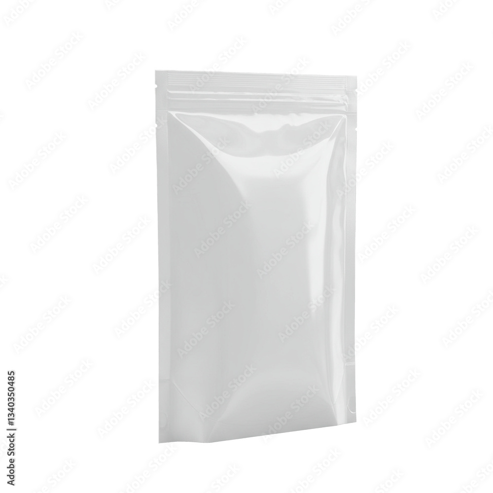 A white, glossy, rectangular pouch with a zipper closure on the top. a reflective material and is standing upright against a transparent background. A white, glossy, rectangular pouch with a zipper closure on the top. a reflective material and is standing upright against a transparent background.