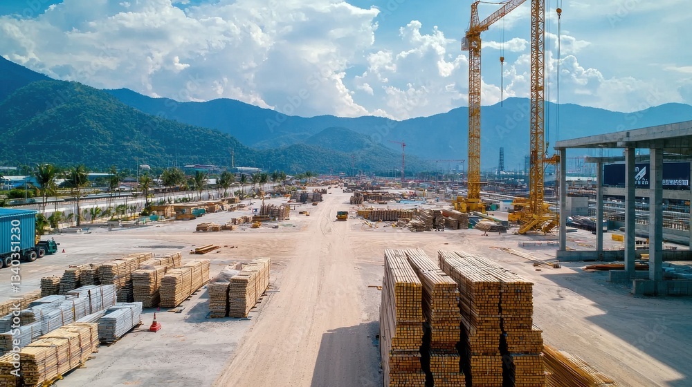 Fototapeta premium This image depicts a bustling industrial construction site showing a variety of building materials heavy towering cranes against the backdrop of a mountainous landscape