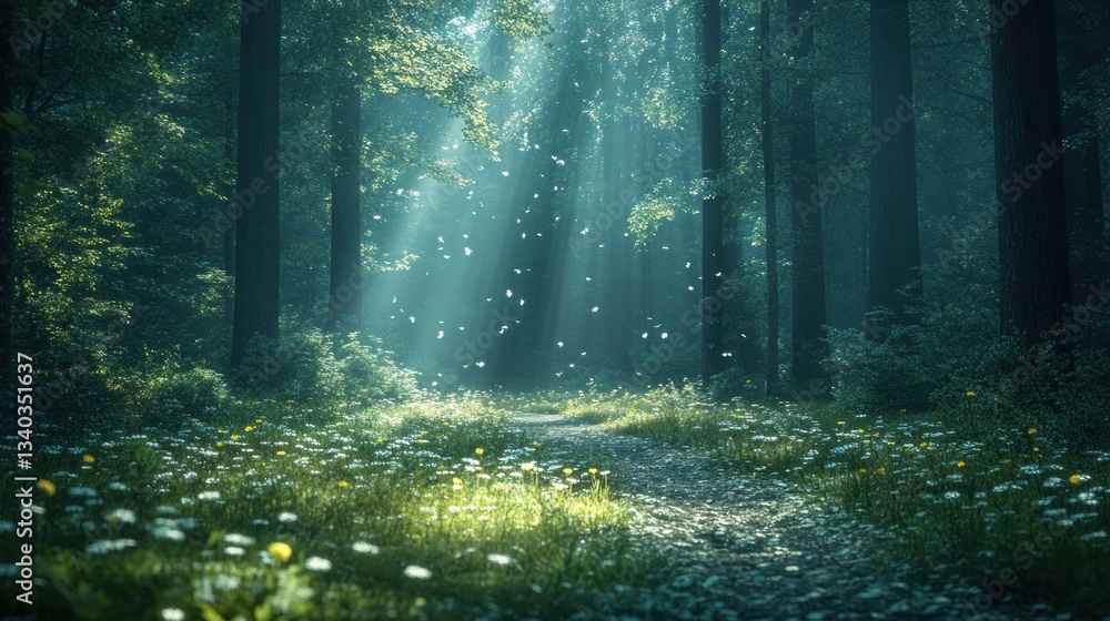 Obraz premium Sunlight streams through mystical forest path, flowers bloom