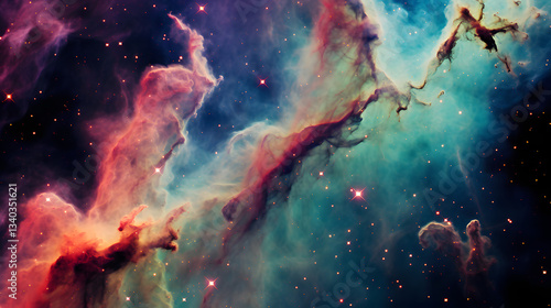 The orion nebula captured in stunning detail showcasing colorful gas clouds and stellar birth zones in a cosmic landscape.