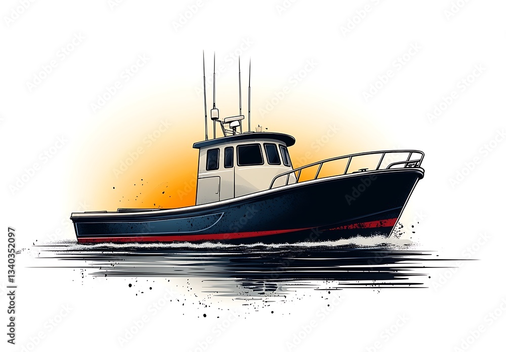 Obraz premium A variety of boats and ships on the sea including a fishing boat, sailboat, and tugboat with the calm ocean and sky in the background