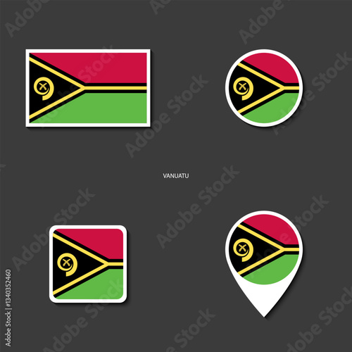 Vanuatu flag icon set in different shape (rectangle, circle, square and marker icon) on dark grey background. Vanuatu sticker icon collection on barely dark background	
