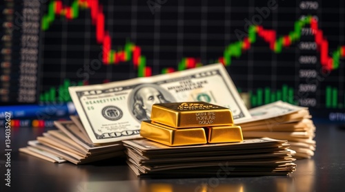 stack of gold bars and organized US dollar bills, set against a slightly out-of-focus forex trading chart