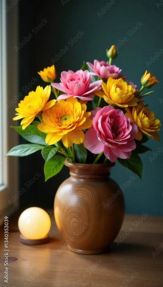 Fresh spring flowers arranged in a elegant wooden vase on a wooden table near a soft lighted bulb, floral arrangement, wooden table Fresh spring flowers arranged in a elegant wooden vase on a wooden table near a soft lighted bulb, floral arrangement, wooden table