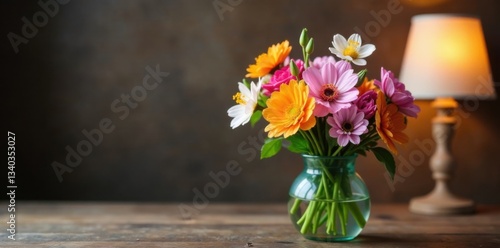 Wallpaper Mural Fresh spring flowers arranged in a bouquet on a wooden table with a soft lamp beside it, flowers arrangement, table setting, spring floral bouquet Torontodigital.ca