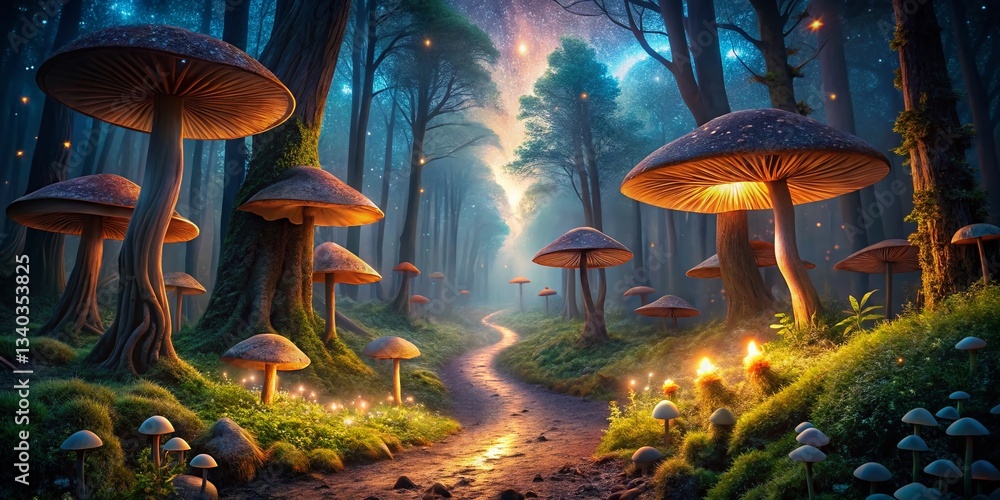 Naklejka premium Magical Enchanted Forest Night: Glowing Mushrooms & Starry Sky Stock Photo