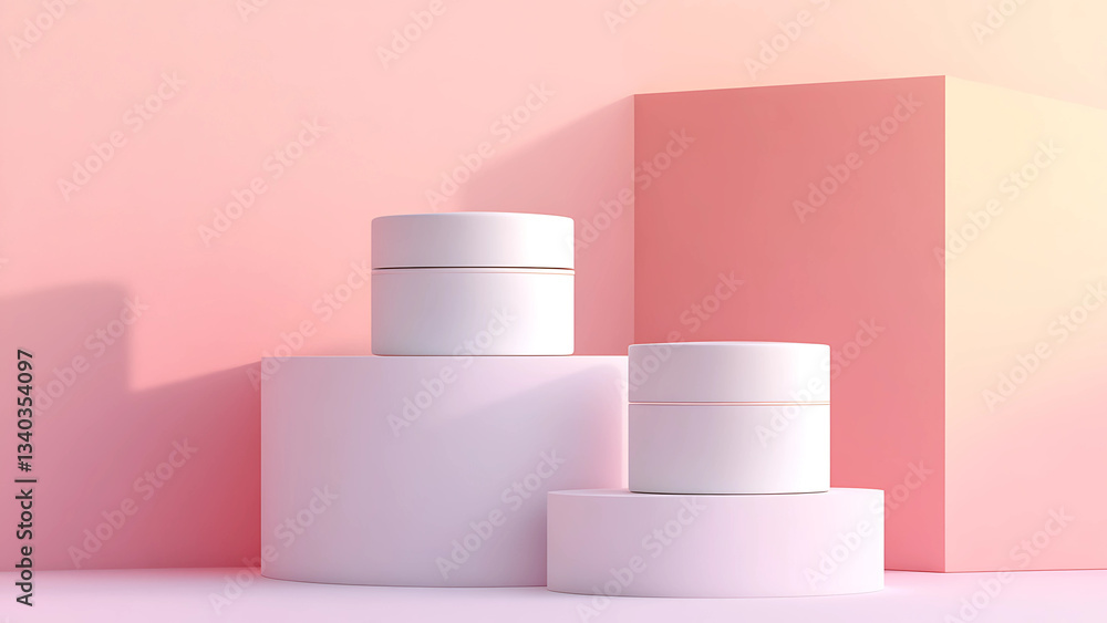 Blank white cosmetic skincare makeup containers. 3D Render with pink background Blank white cosmetic skincare makeup containers. 3D Render with pink background