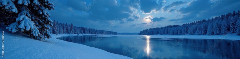 Obraz premium Frozen lake with snow-covered trees and a moonlit sky, ice, trees