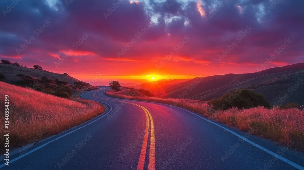 Naklejka premium Winding Road Sunset Mountain Landscape