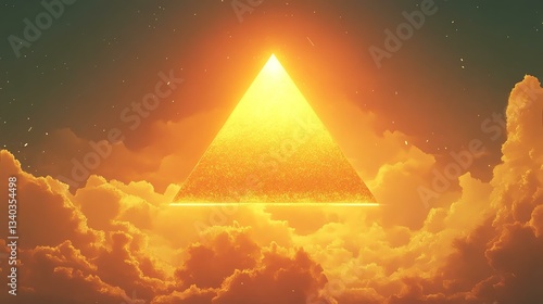 A glowing pyramid emerging from clouds, symbolizing enlightenment and mystery in a mystical atmosphere.