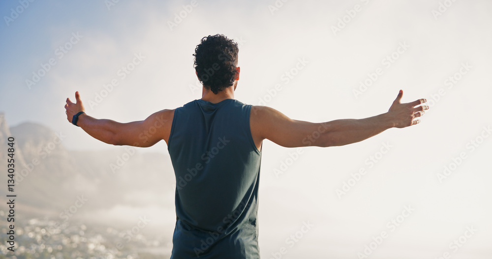 Freedom, runner and back of man in nature for mockup space, thinking or health. Fitness, workout and reflection with person or training with mountain view for sports athlete, achievement and exercise Freedom, runner and back of man in nature for mockup space, thinking or health. Fitness, workout and reflection with person or training with mountain view for sports athlete, achievement and exercise