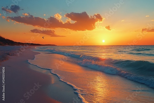 Golden Sunset Beach Scene with Kite in the Sky