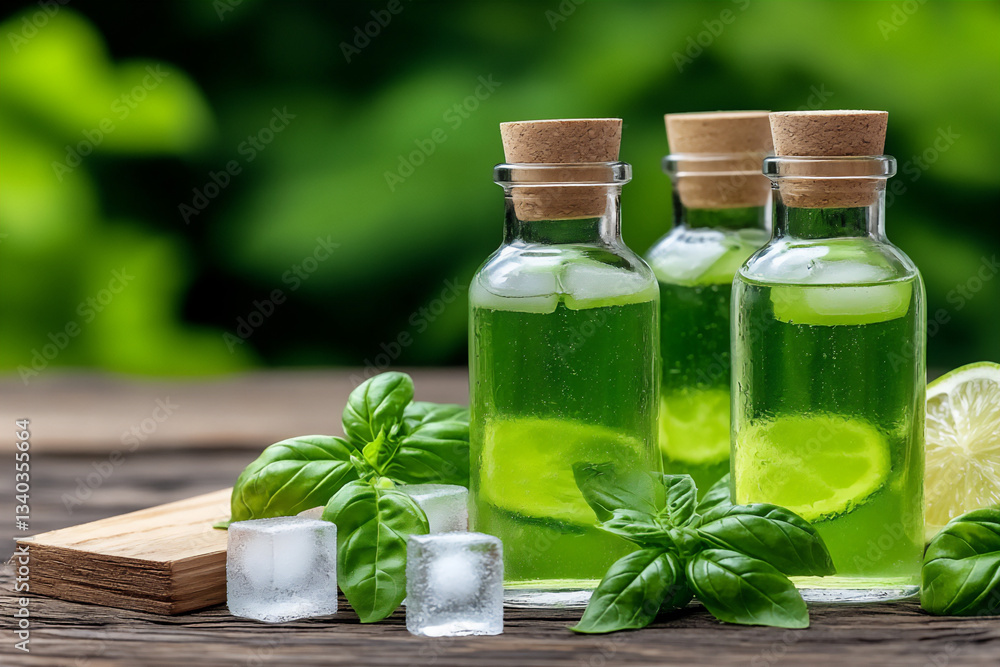 a close-up of glass bottles filled with refreshing water, ice cubes, a close-up of glass bottles filled with refreshing water, ice cubes,