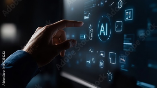 A business professional in a dark blue shirt is touching an text "AI" icon wi...