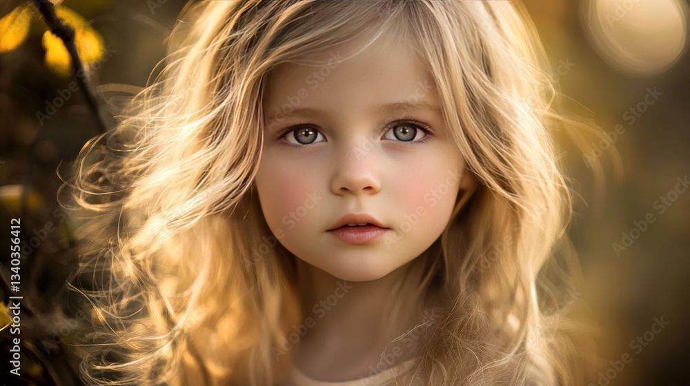 Naklejka premium Stunning little girl with long blonde hair and blue eyes staring into the camera
