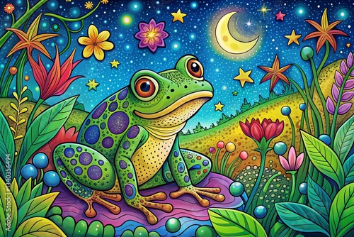 Magical Night Frog Coloring Page: Fun Nature Illustration for Kids