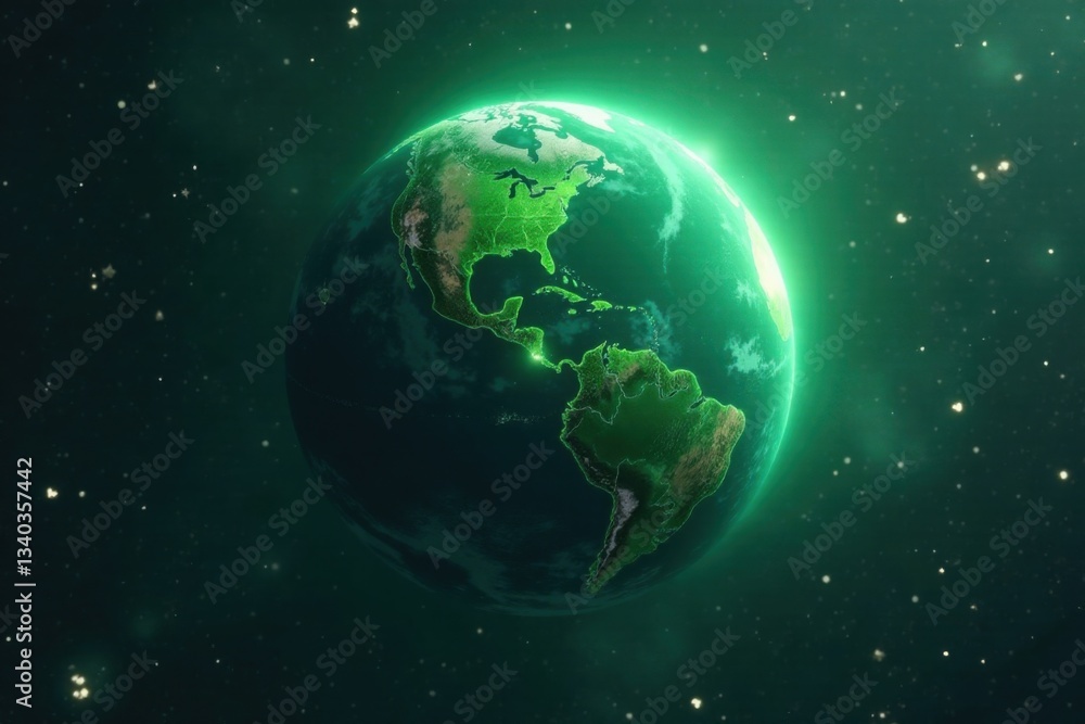 Obraz premium Glowing green planet surrounded by shimmering silver stars, stars, glowing