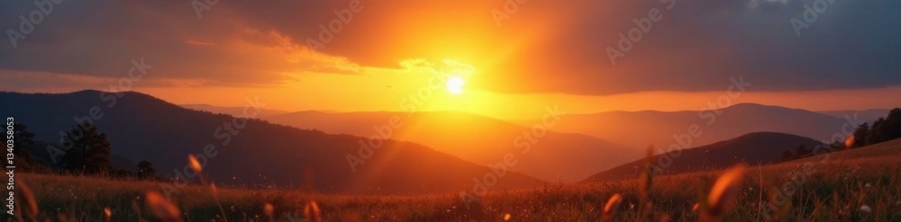 Obraz premium Golden halo surrounds a serene landscape at dusk, circle effect, natural
