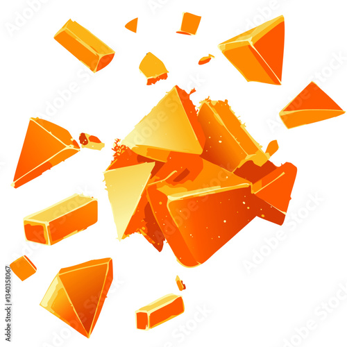 A dynamic and vibrant illustration of shattered caramel or toffee pieces, showcasing glossy, golden-orange fragments that appear to be breaking apart in mid-air.

