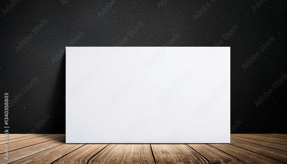 blank white rectangle poster on wooden surface with dark color wall background blank white rectangle poster on wooden surface with dark color wall background