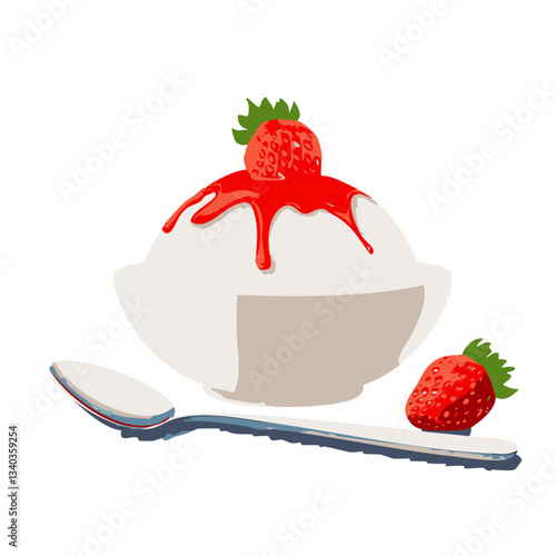 A beautifully illustrated bowl of vanilla ice cream topped with a fresh strawberry and drizzled with vibrant red strawberry sauce, accompanied by whole strawberries and a spoon on a clean, minimalist 