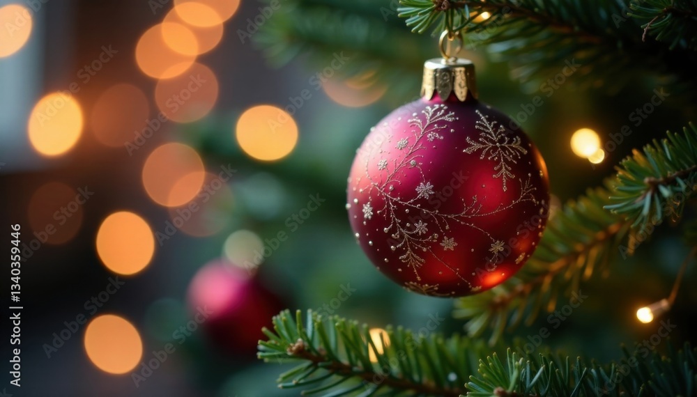 Hanging Christmas ornaments with festive lights , seasonal, xmas decor Hanging Christmas ornaments with festive lights , seasonal, xmas decor
