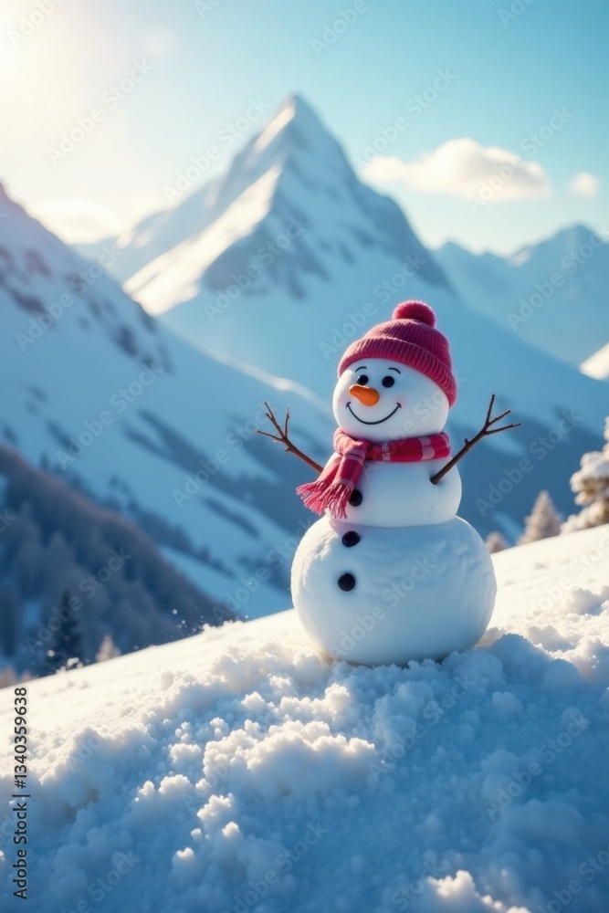 Obraz premium happy snowman standing on a hill in the middle of a snow-covered mountain, snowy scenery, snowy peak