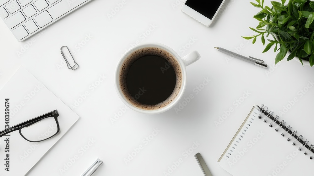 A morning business desk scene with a laptop, coffee cup, and notebook A morning business desk scene with a laptop, coffee cup, and notebook