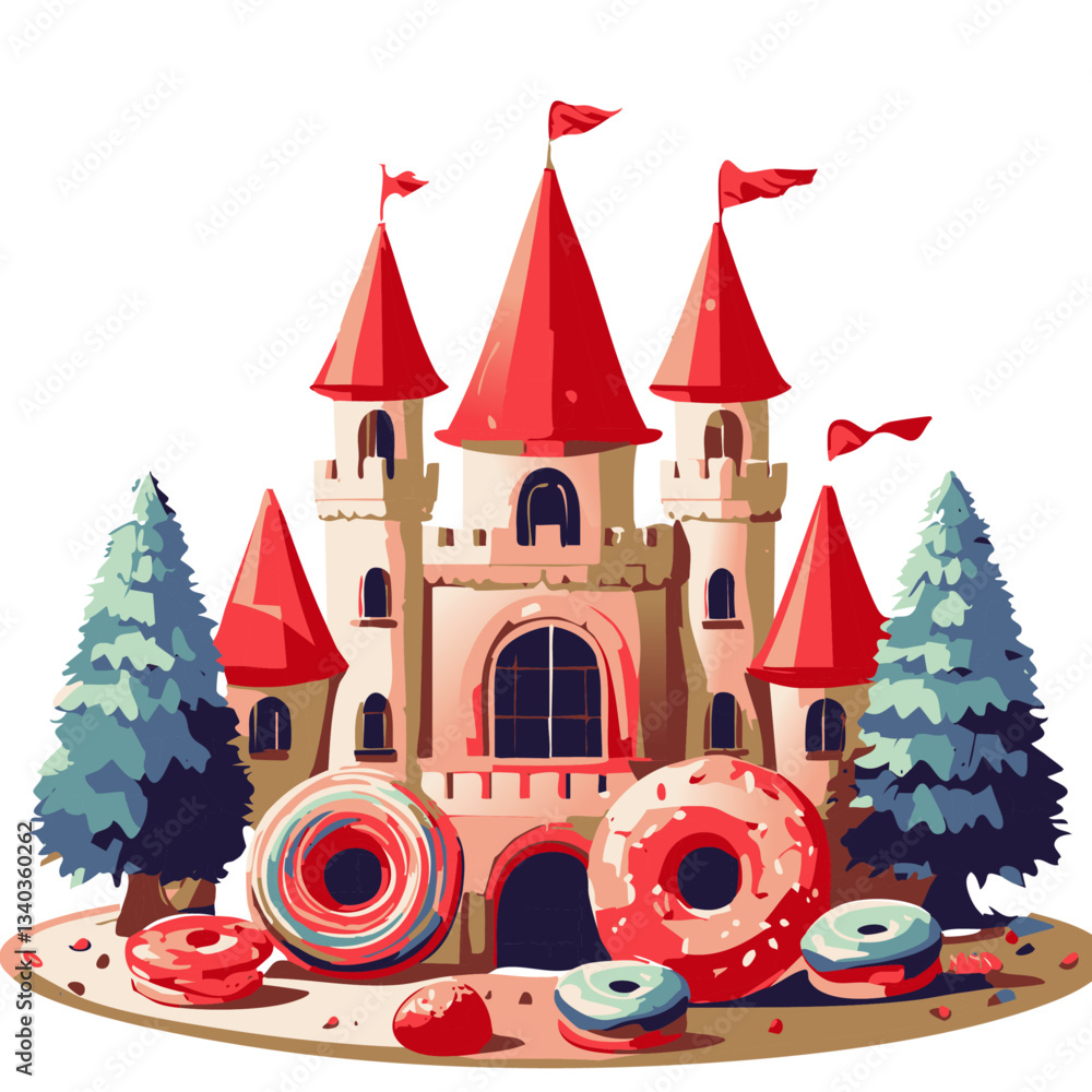 Fototapeta premium A charming and whimsical illustration of a fairytale castle with red pointed rooftops, surrounded by a fantasy landscape with doughnut-shaped decorations, evoking a playful and magical atmosphere.
