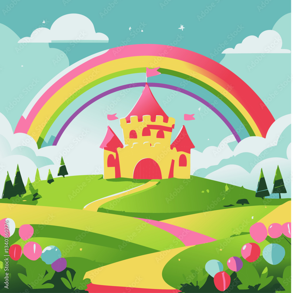 Naklejka premium A whimsical and colorful illustration of a floating island with a fairytale castle, surrounded by mountains, a vibrant rainbow, fluffy clouds, and cheerful balloons.