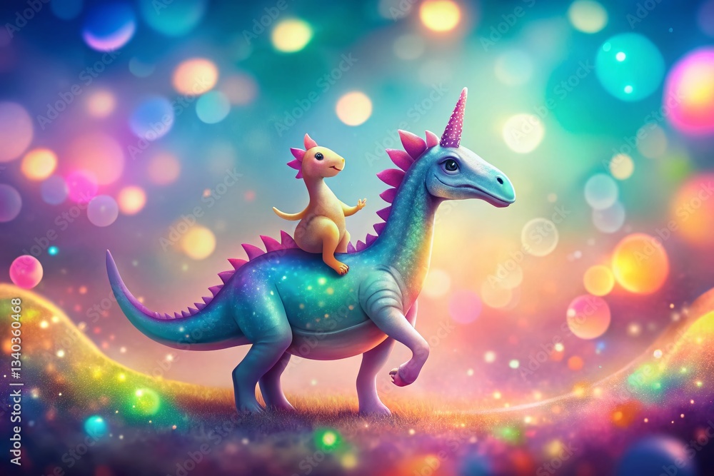 Fototapeta premium Magical Unicorn Riding Dinosaur: Whimsical Bokeh Illustration