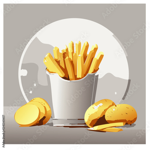 A crisp and detailed illustration of golden French fries served in a metallic bucket, accompanied by whole and sliced potatoes, showcasing the fresh ingredients behind this classic snack.

