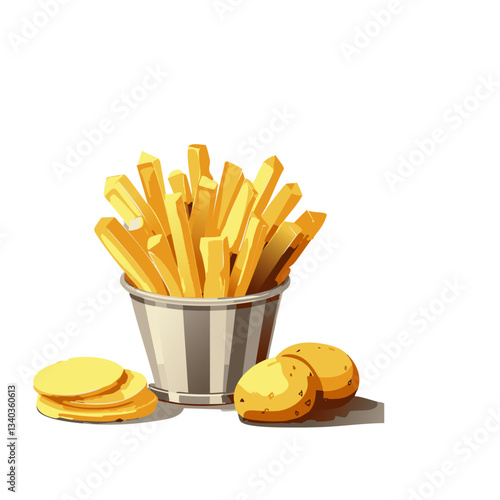 A crisp and detailed illustration of golden French fries served in a metallic bucket, accompanied by whole and sliced potatoes, showcasing the fresh ingredients behind this classic snack.

