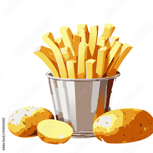 A crisp and detailed illustration of golden French fries served in a metallic bucket, accompanied by whole and sliced potatoes, showcasing the fresh ingredients behind this classic snack.

