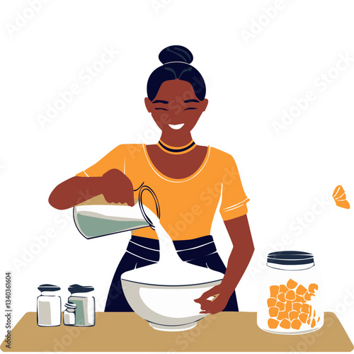 A surreal and creative illustration featuring a man pouring milk into an oversized bowl filled with marshmallows, set against a dreamy sky with soft clouds and a warm sun.


