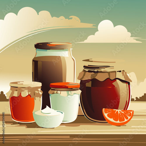 A beautifully illustrated collection of glass jars filled with various jams, preserves, and honey, set on a wooden surface, surrounded by lush greenery and flowers.

