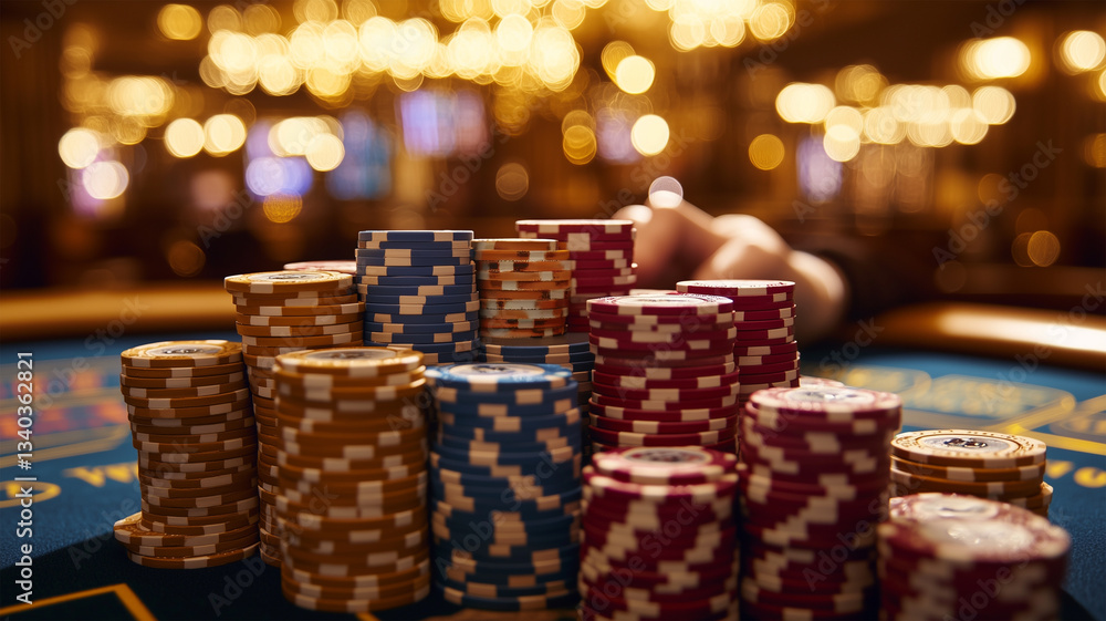 高額チップが積まれたジャックポットテーブル、賭け金の大きさを象徴する荘厳なカジノシーン 高額チップが積まれたジャックポットテーブル、賭け金の大きさを象徴する荘厳なカジノシーン