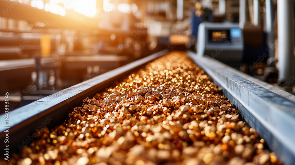 Golden Ore Extraction on Conveyor Belt in Mining Facility  

