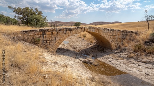 Old bridge over a dry riverbed, showing the severity of drought 