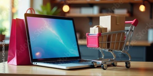 Wallpaper Mural Laptop computer on a table with shopping bag and product package boxes in cart, cart, delivery Torontodigital.ca