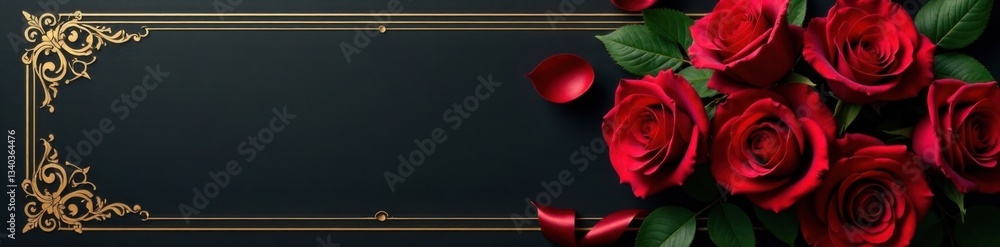 Naklejka premium Lavish black invitation card with gold accents and satin ribbon tied around a bouquet of dark red roses , formal , gold