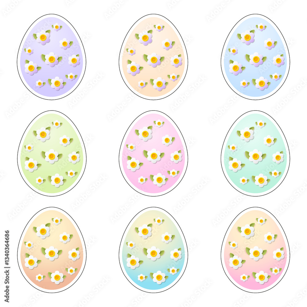 A set of eggs for Easter holiday. Bright, pastel, plant ornaments of flowers and leaves on a gradient background. Color stickers. Vector illustration. A set of eggs for Easter holiday. Bright, pastel, plant ornaments of flowers and leaves on a gradient background. Color stickers. Vector illustration.