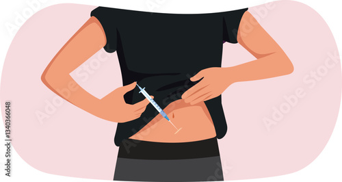 Person Injecting Her Abdomen with Medical Treatment Vector Illustration. Woman giving herself fertility injections treatments at home

